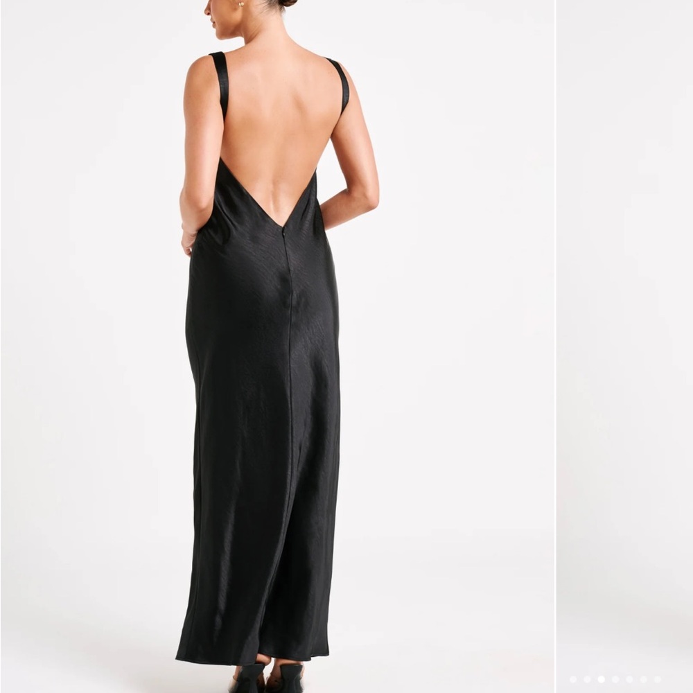 Black satin open back meshki dress